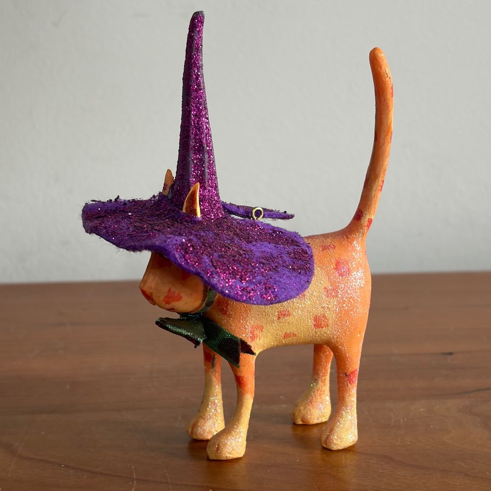 Patience Brewster Krinkles Halloween Cat Hat Ornament Orange Purple Glitter